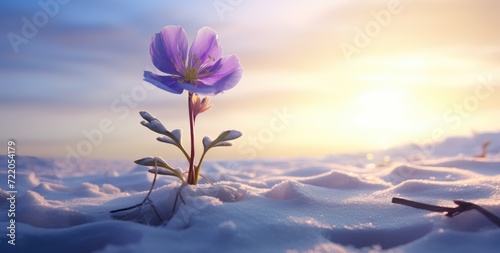 Solitary Bloom in Snow  A Testament to Nature s Resilience at Sunset - Generative AI