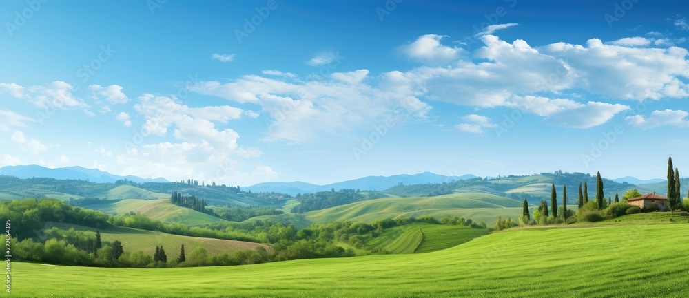 Endless Green Fields: A Serene and Vibrant Landscape Under the Blue Sky - Generative AI