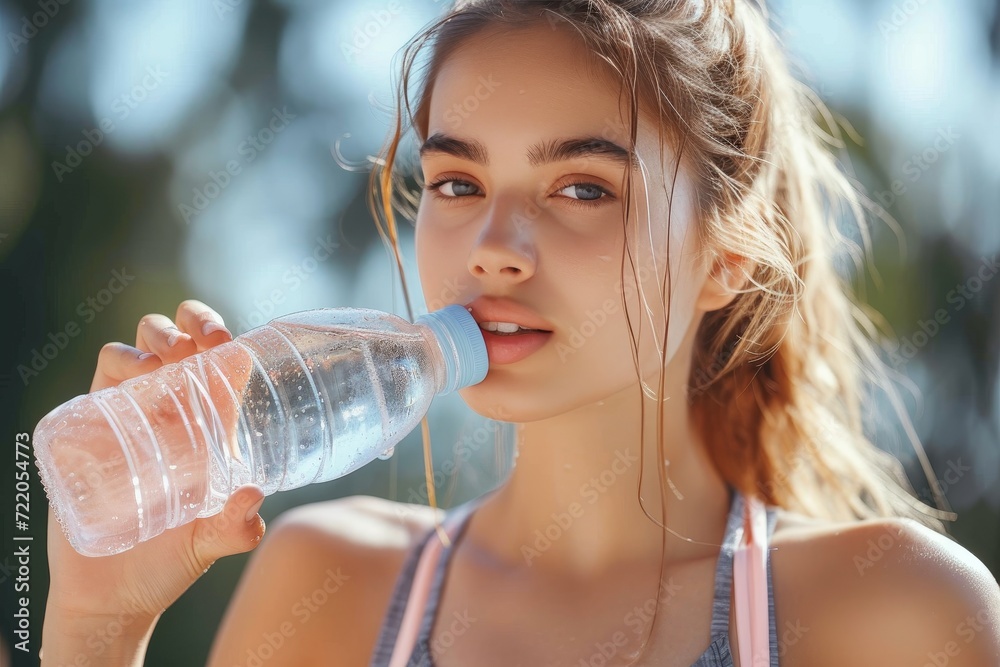 A refreshing sip from a water bottle quenches the thirst of a woman, surrounded by nature, as she enjoys a peaceful moment in the great outdoors A refreshing sip from a water bottle quenches the thirst of a woman, surrounded by nature, as she enjoys a peaceful moment in the great outdoors
