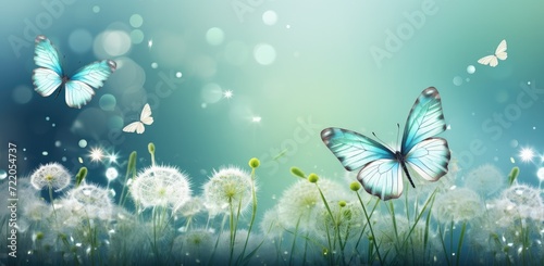 Enchanted Meadow: Blue Butterflies and Dandelions in a Dance of Spring - Generative AI