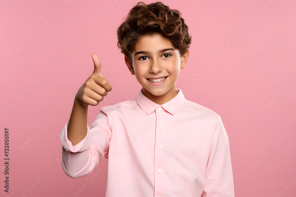 Full-Size Photograph of a Positive and Gorgeous boy, Indicating with her Finger towards an Empty Space. Exuding Positivity and Charm, Isolated Against a Striking pink Background. Full-Size Photograph of a Positive and Gorgeous boy, Indicating with her Finger towards an Empty Space. Exuding Positivity and Charm, Isolated Against a Striking pink Background.