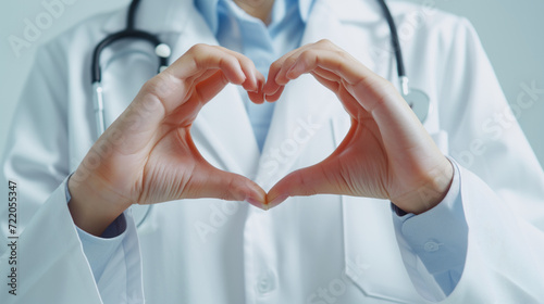 Close-up female doctor making heart shape by hand on white background, Medicine, people, charity, health care and cardiology concept, generative ai
