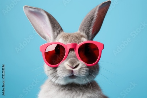 Cute bunny with pink glasses on blue background. Valentines day greeting card.Cute rabbit in pink glasses