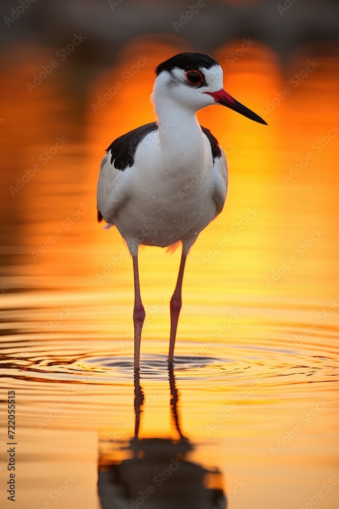 Obraz premium Graceful Stilt Wading in Water at Sunset, Serenity in Wildlife - Generative AI