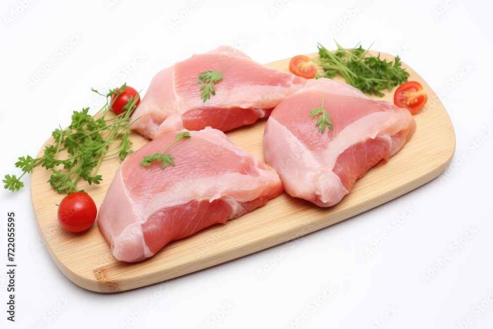 Fresh Raw Chicken Breasts with Herbs and Tomatoes on Wooden Board - Generative AI