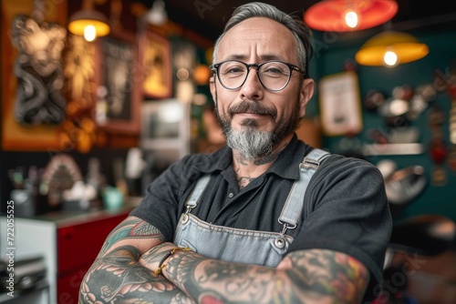 A rugged man, adorned with tattoos on his arms, stands indoors wearing glasses and a beard, exuding a sense of boldness and individuality through his flesh art