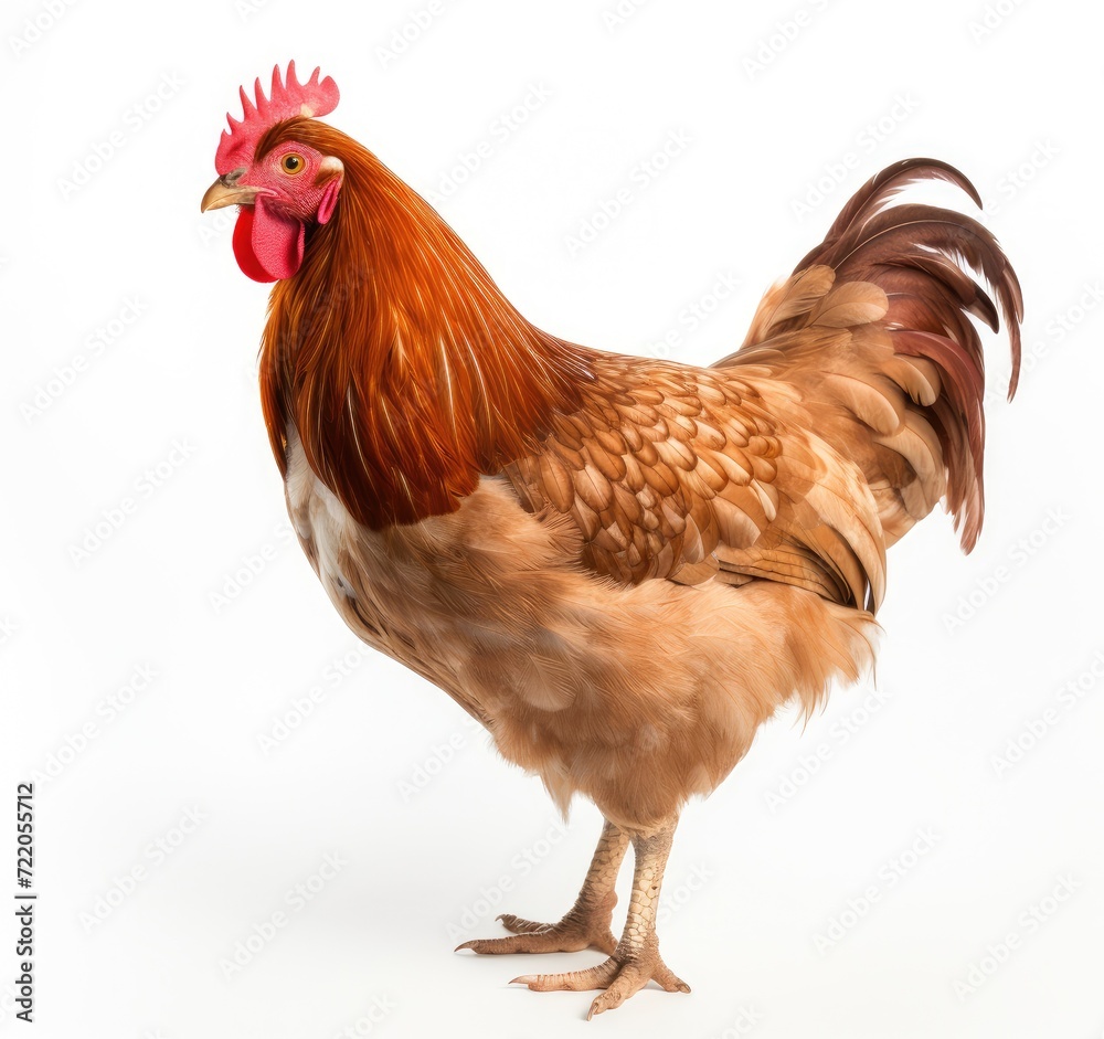 Fototapeta premium Regal Brown Rooster Showcasing Its Beautiful Feathers on White - Generative AI