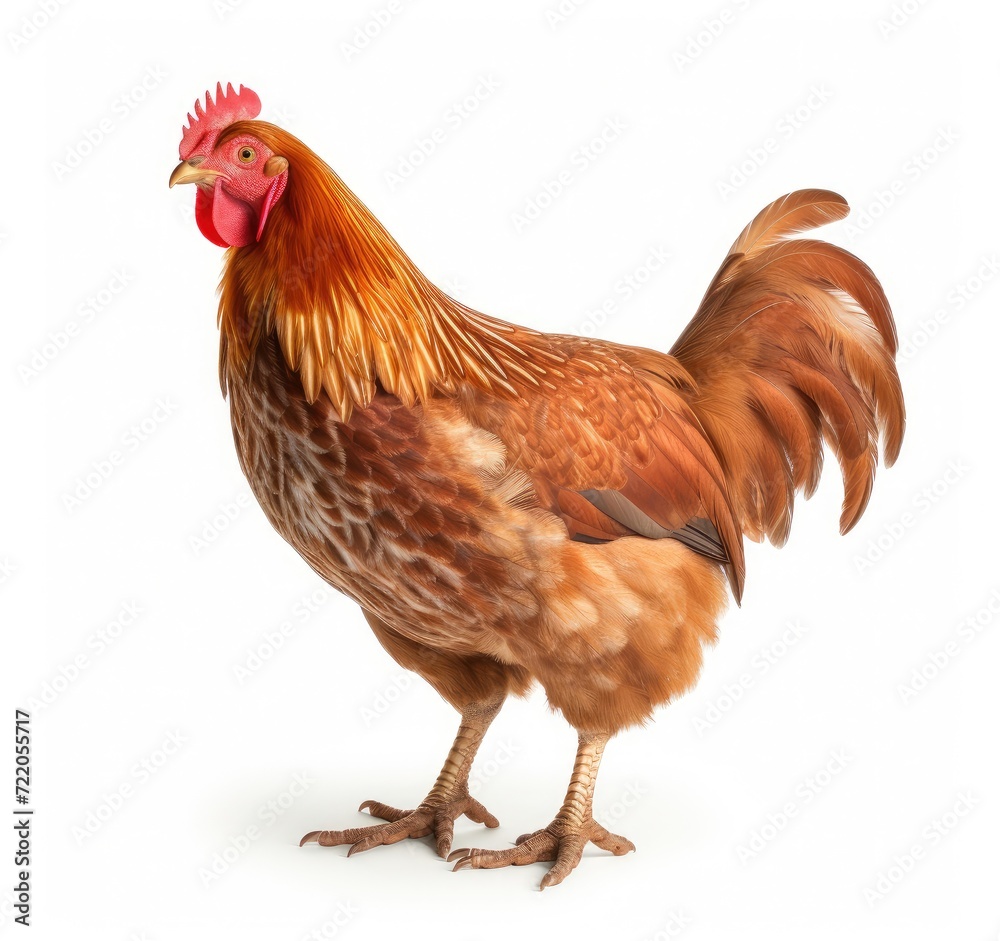Fototapeta premium Regal Brown Rooster Showcasing Its Beautiful Feathers on White - Generative AI