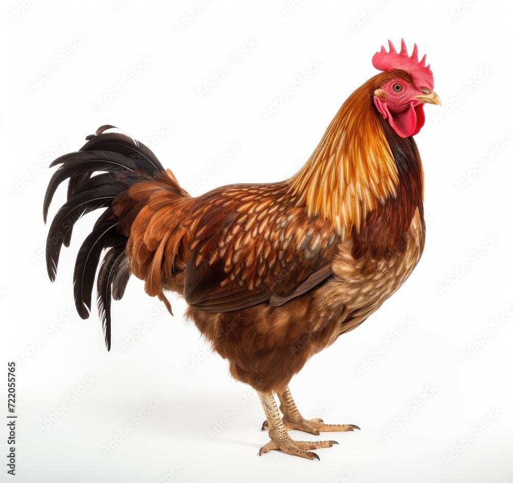 Fototapeta premium Regal Brown Rooster Showcasing Its Beautiful Feathers on White - Generative AI