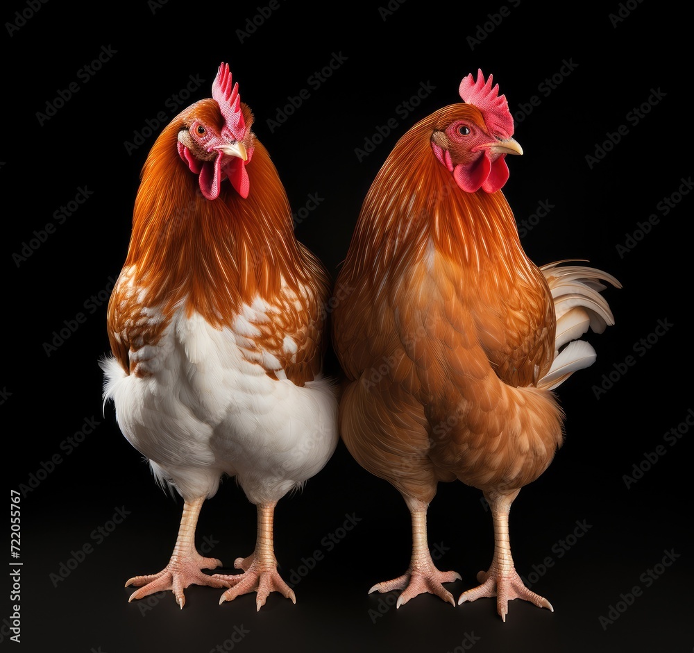 Fototapeta premium Portrait of Two Hens: Capturing the Essence of Farm Poultry on Black - Generative AI