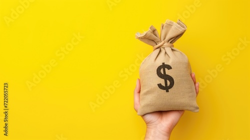Female hand holding a sacks of money for trading ideas. Or financial investment on yellow background, generative ai