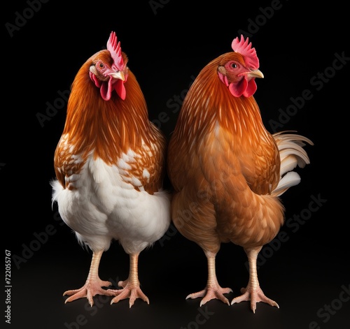 Portrait of Two Hens: Capturing the Essence of Farm Poultry on Black - Generative AI