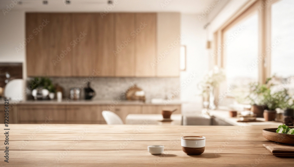 Selective focus on wooden kitchen island. Empty wooden table with copy space for display products. Clean countertop for cooking. Selective focus on wooden kitchen island. Empty wooden table with copy space for display products. Clean countertop for cooking.