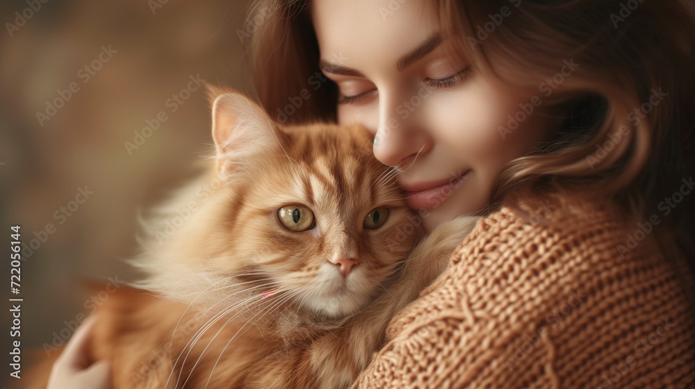 Young woman holding cute cat, Female hugging her cute long hair kitty, copy space, close up, Adorable pet concept, generative ai Young woman holding cute cat, Female hugging her cute long hair kitty, copy space, close up, Adorable pet concept, generative ai
