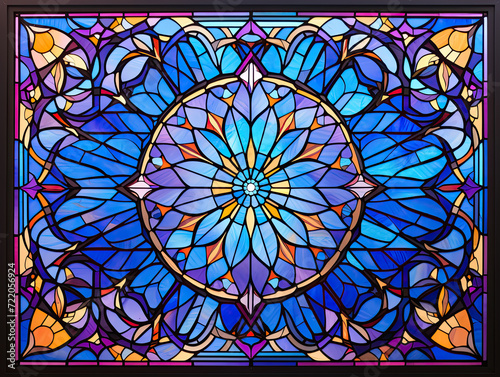 Radiant Islamic tapestry: Geometric splendor, vibrant hues weave in intricate dance, echoing cultural mastery in a breathtaking stained glass opus