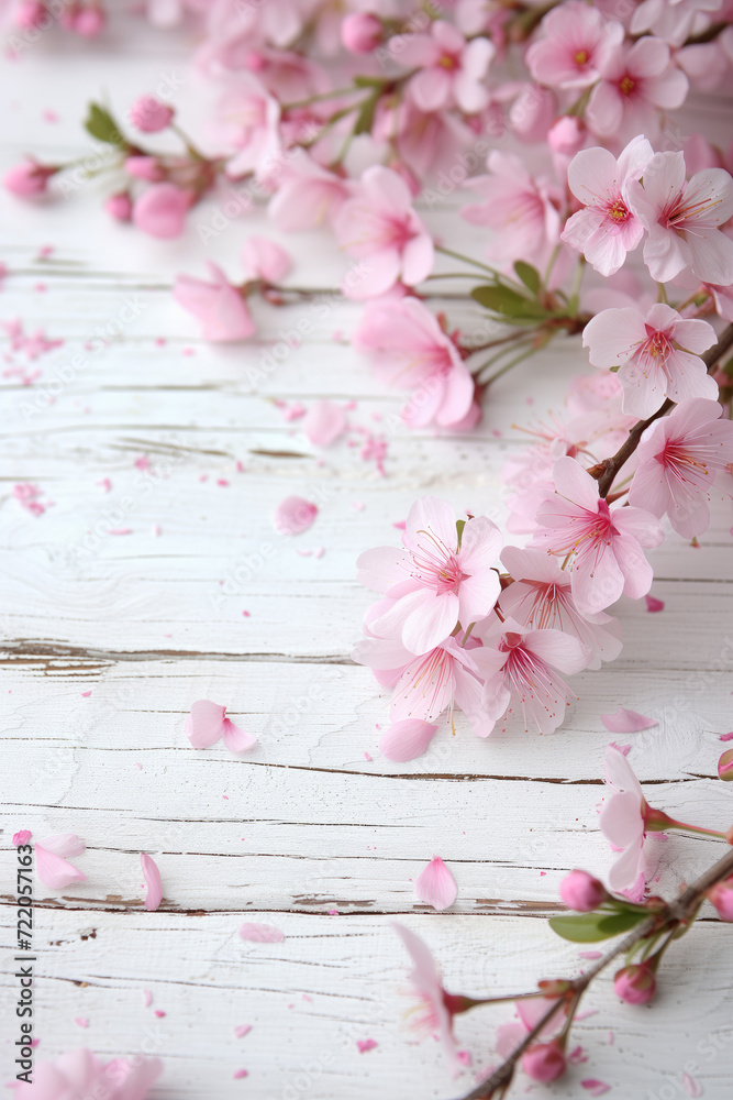 Spring background with pink blossoms and white wooden table flooring Spring background with pink blossoms and white wooden table flooring