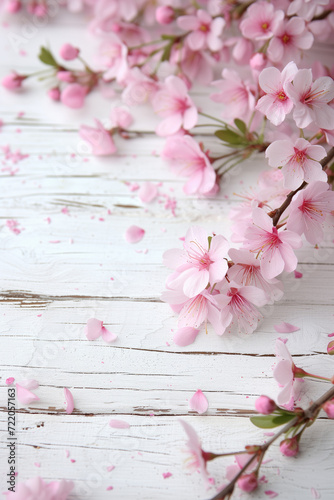 Spring background with pink blossoms and white wooden table flooring