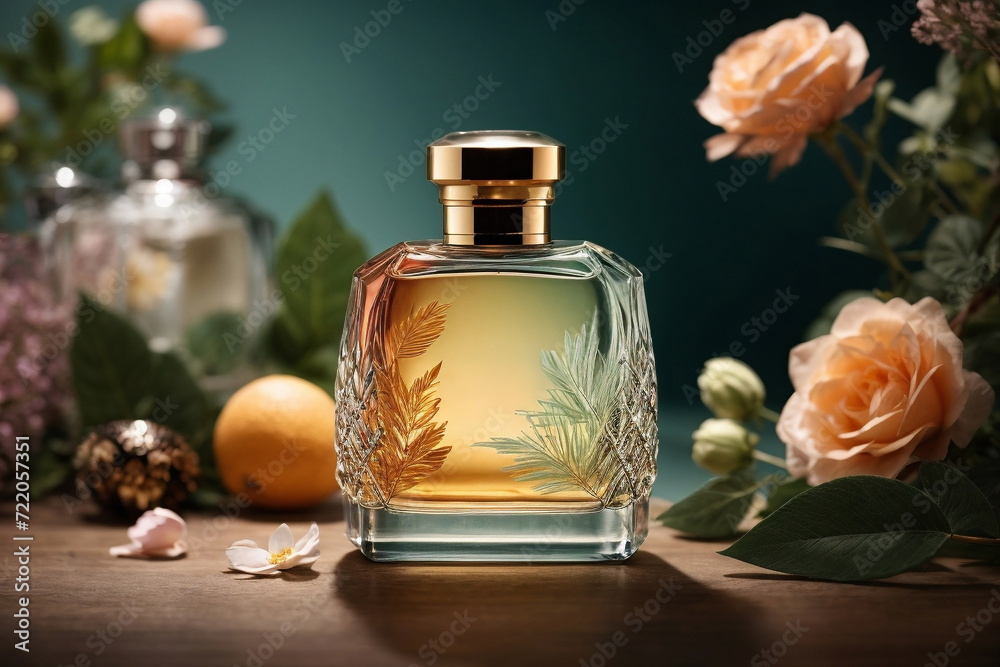 Perfume bottle with flowers in a transparent glass container, and rose in a Luxurious and Refreshing spa ambiance featuring aromatic oils, vibrant flowers, and a serene composition Perfume bottle with flowers in a transparent glass container, and rose in a Luxurious and Refreshing spa ambiance featuring aromatic oils, vibrant flowers, and a serene composition