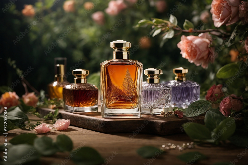 Perfume bottle with flowers in a transparent glass container, and rose in a Luxurious and Refreshing spa ambiance featuring aromatic oils, vibrant flowers, and a serene composition Perfume bottle with flowers in a transparent glass container, and rose in a Luxurious and Refreshing spa ambiance featuring aromatic oils, vibrant flowers, and a serene composition