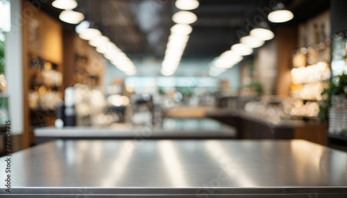 Selective focus on wooden kitchen island. Empty wooden table with copy space for display products. Clean countertop for cooking.