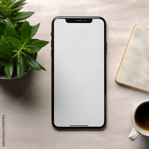 mockup of a blank iPhone screen laying on a concrete table with office stationaries beside it