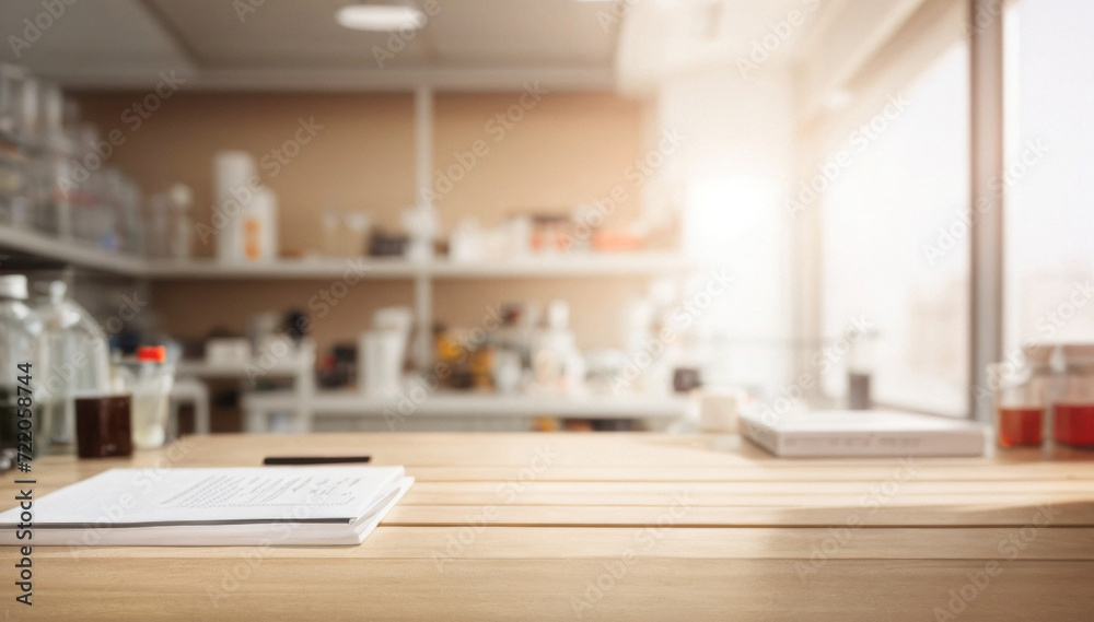 Selective focus on wooden kitchen island. Empty wooden table with copy space for display products. Clean countertop for cooking. Selective focus on wooden kitchen island. Empty wooden table with copy space for display products. Clean countertop for cooking.