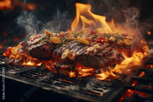 Grilled meat steak on stainless grill depot with flames on dark background. Food and cuisine concept