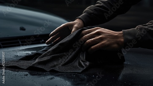 hand polishing black car hood with microfiber cloth