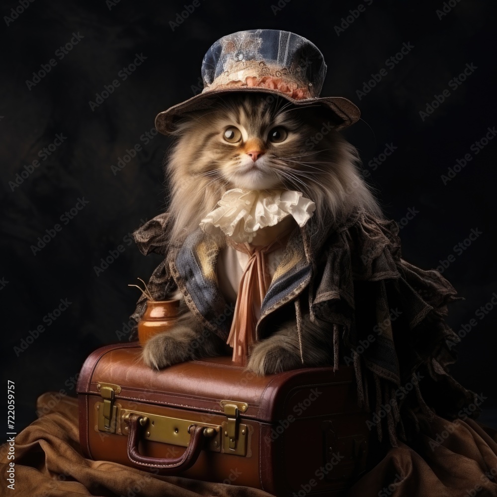 Portrait of cat in a fashion suit, kitten dressed with Victorian stile in a hat sitting in a bag. Fashion parade. Portrait of cat in a fashion suit, kitten dressed with Victorian stile in a hat sitting in a bag. Fashion parade.