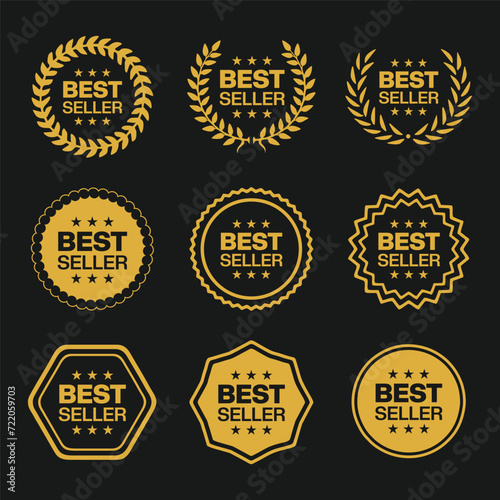 Best seller icon badge set vector illustration. Bestseller logo label tag design template for top sales, gold award round stamp, sticker with ribbon, stars and best seller text 