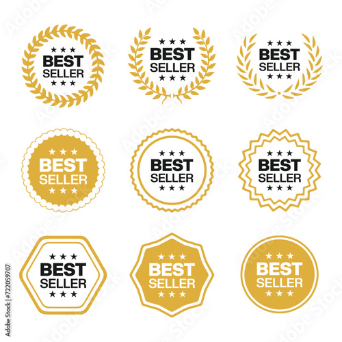 Best seller icon badge set vector illustration. Bestseller logo label tag design template for top sales, gold award round stamp, sticker with ribbon, stars and best seller text  photo