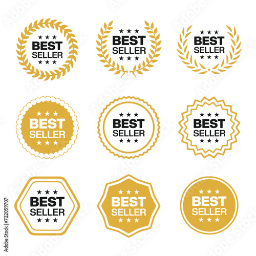 Best seller icon badge set vector illustration. Bestseller logo label tag design template for top sales, gold award round stamp, sticker with ribbon, stars and best seller text 