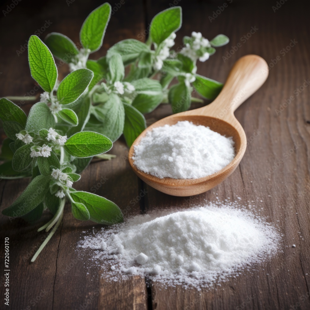 Powdered sugar in a wooden spoon, with fresh stevia leaves, on a wooden background Powdered sugar in a wooden spoon, with fresh stevia leaves, on a wooden background