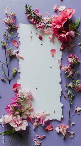 Stylish blank paper card mockup with spring flowers and petals. Luxury greeting card design concept. Generative AI