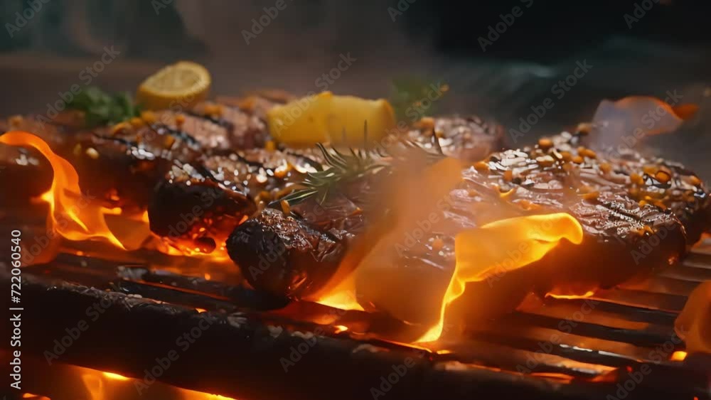 juicy pieces of steak with a beautiful crust, grilled on a grill. tongues of fire cover the meat. close-up of cooking. Generative AI