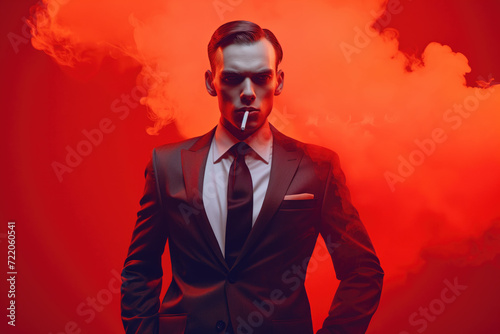Stylish man in suit smoking cigarette on color background
