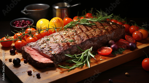 Grilled beef steak with vegetables on wooden cuttting board. Dark background.