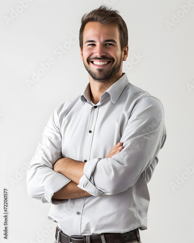 Portrait of a handsome young man smiling, isolated on white background