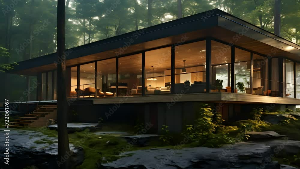 modern house with panoramic windows in the woods. Generative AI modern house with panoramic windows in the woods. Generative AI