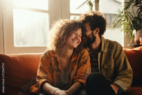 portrait of smiling young Caucasian man and woman relax on couch in living room. Happy millennial couple renters tenants rest on sofa at home, enjoy leisure weekend together. Young couple hugging photo