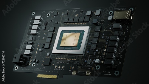Black Circuit Board with Advanced AI Microchip on it. Next-generation Artificial Intelligence Acceleration Card for Data Centers and Supercomputers. Chip has Golden Reflection