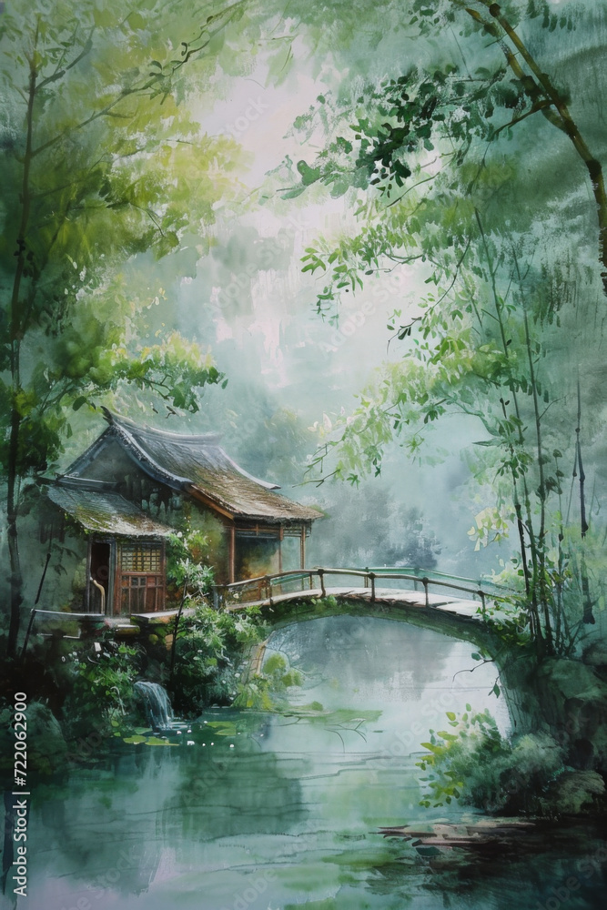 Art of chinese painting in the river and a wooden house.