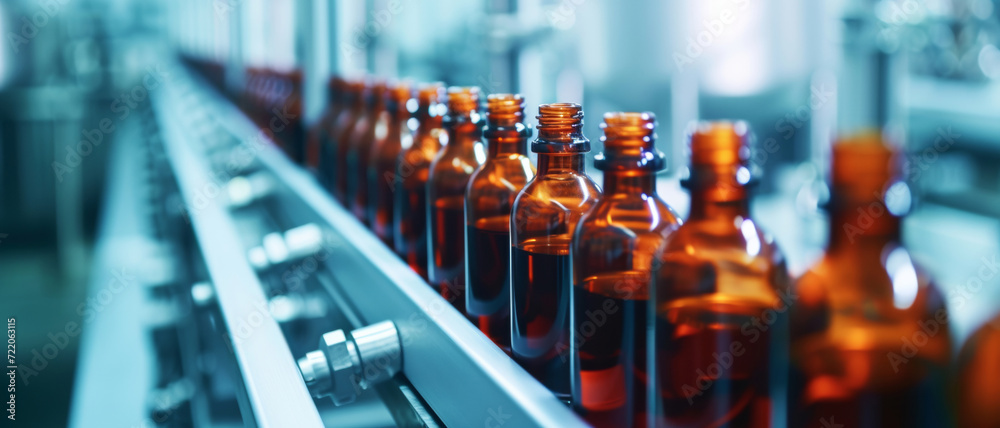 Amber bottles in a line convey pharmaceutical precision and the sterile environment of mass production