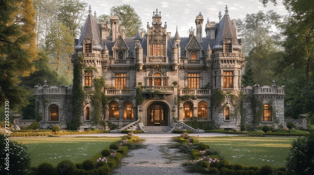 A fairy tale castle venue with turrets, drawbridges, and manicured lawns, providing a regal and enchanting backdrop for a dreamy wedding ceremony. 