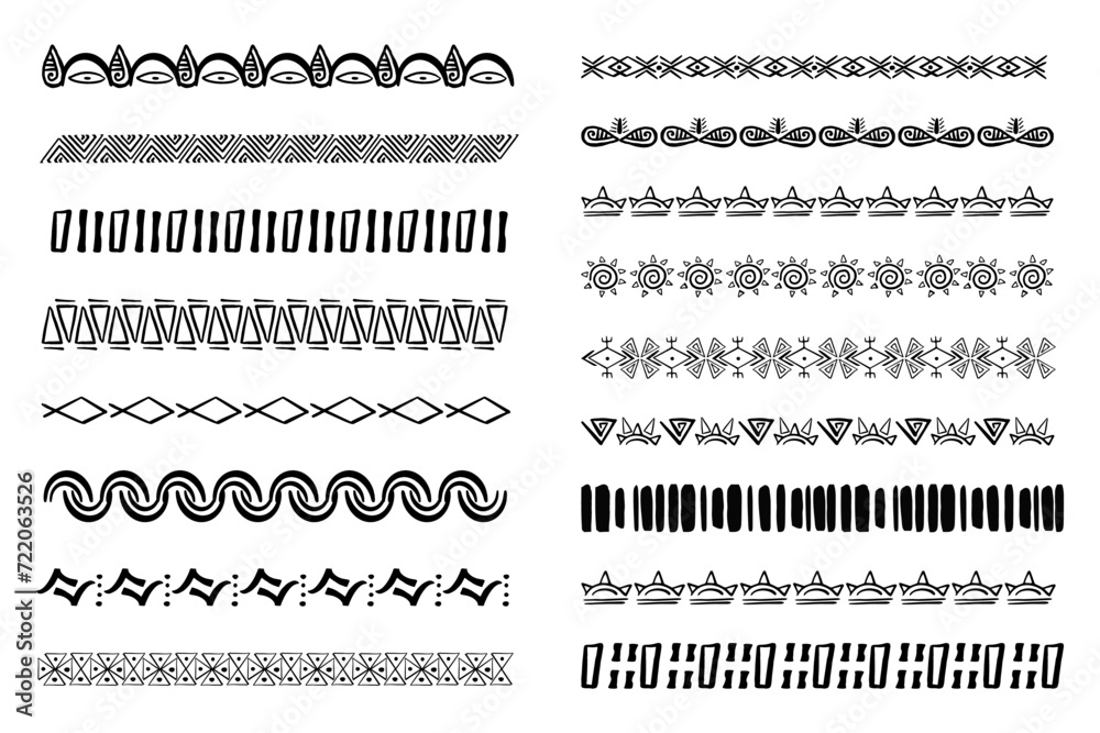 Set aztec tribal motive border in doodle hand drawn style from geometrical shapes isolated on white background. boho scandinavian srtoke, traditional native decor. - obrazy, fototapety, plakaty 