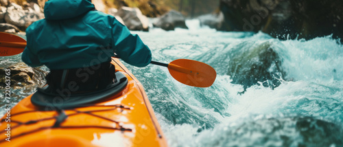 Adventurer in kayak tackles the ferocious rapids, a dance with nature's untamed waters © Ai Studio