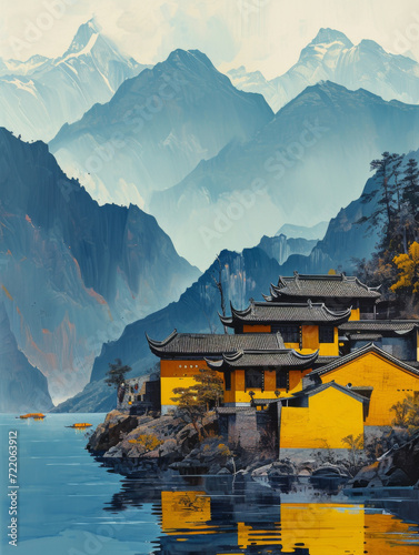 A painting of a chinese place on the lake next to mountains.