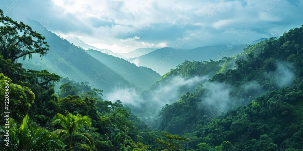 Obraz premium Tropical green mountains with mist. Cloudy foggy sky backdrop. Generative AI