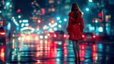 A slender beautiful girl in a red raincoat and high heels red shoes, against the backdrop of the night city. Generated AI