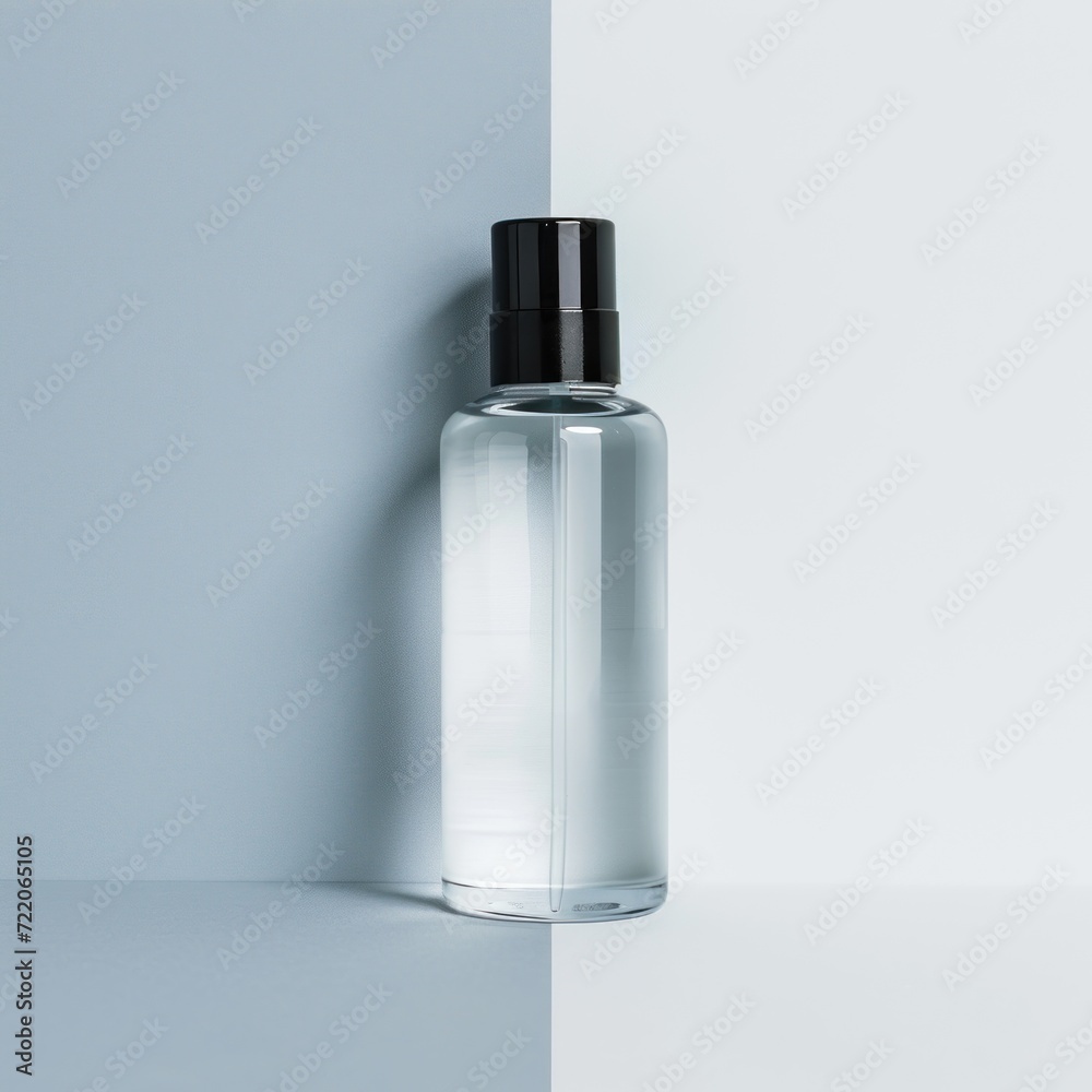 Background featuring a transparent makeup remover bottle against a half-shadowed white and grey backdrop with copy space for make up industry and beauty salons Background featuring a transparent makeup remover bottle against a half-shadowed white and grey backdrop with copy space for make up industry and beauty salons
